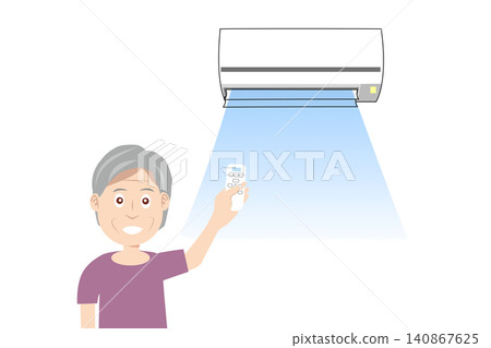 插圖描繪了一位老人使用空調調節室溫,以防止中暑的情景。 插圖描繪了一位老人使用空調調節室溫,以防止中暑的情景。 140867625