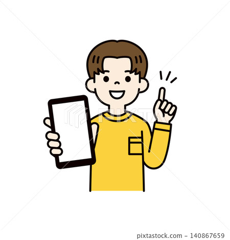 向量插圖，描繪了一位十幾歲或二十幾歲的男學生透過展示智慧型手機螢幕來講解要點。 140867659