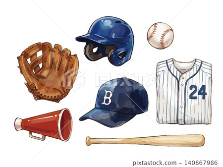 Illustrations of baseball (ball, bat, glove, uniform, etc.) 140867986