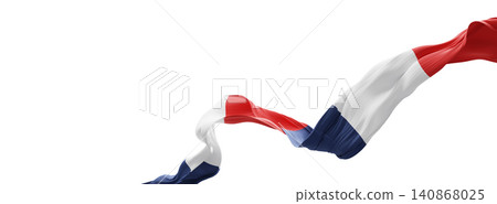 France flag ribbon sheer pleated fabric flowing isolated on white background with copy space design for 14 july Bastille day celebration banner 3D render 140868025