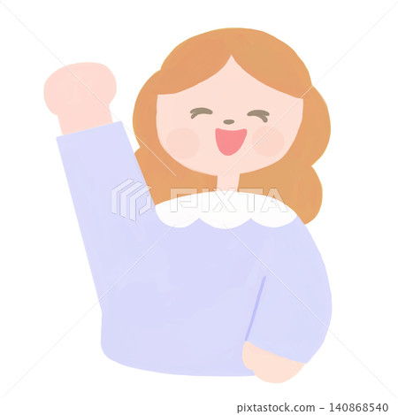An illustration of a woman with a Scandinavian-style smile making a victory pose. 140868540