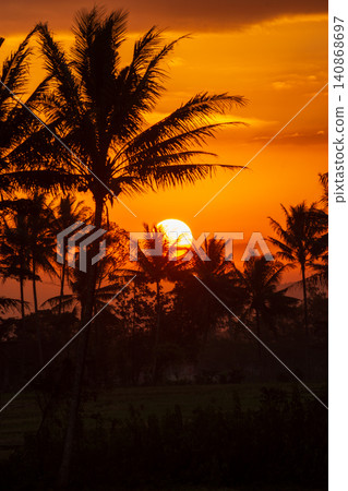 Beautiful tropical sunset landscape with silhouettes of coconut palm trees against golden sky. Beautiful tropical sunset landscape with silhouettes of coconut palm trees against golden sky. 140868697