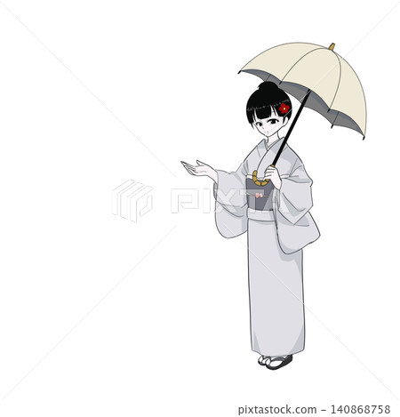 A woman in a kimono guides customers while holding a parasol; an image of summer hospitality. A woman in a kimono guides customers while holding a parasol; an image of summer hospitality. 140868758