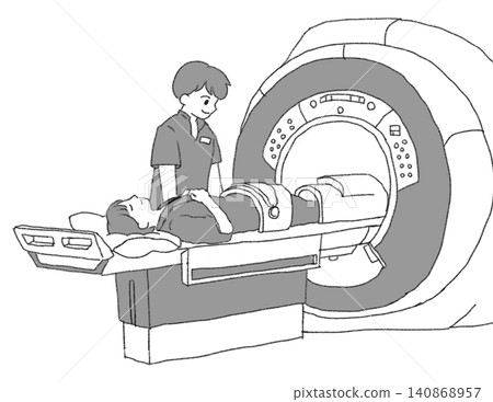 Illustration of a patient undergoing an MRI scan and a radiologic technologist assisting them (black and white, monochrome, hand-drawn style, white background JPG) Illustration of a patient undergoing an MRI scan and a radiologic technologist assisting them (black and white, monochrome, hand-drawn style, white background JPG) 140868957