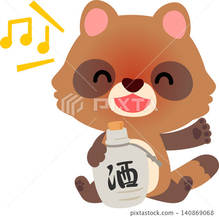 A character of a drunken raccoon dog holding a sake bottle. A character of a drunken raccoon dog holding a sake bottle. 140869068