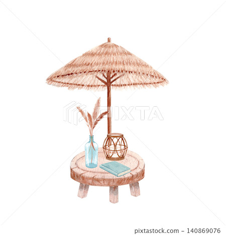 Watercolor boho beach decor with straw parasol, round wooden table, rattan lantern, blue glass vase, dried pampas grass and book. Tropical summer illustration isolated on white background 140869076
