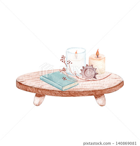 Wooden tray, candles, book, seashell, dried botanical branch watercolor cozy spa composition . Hand painted wellness illustration, neutral tones for home decor, branding, stationery, lifestyle design Wooden tray, candles, book, seashell, dried botanical branch watercolor cozy spa composition . Hand painted wellness illustration, neutral tones for home decor, branding, stationery, lifestyle design 140869081