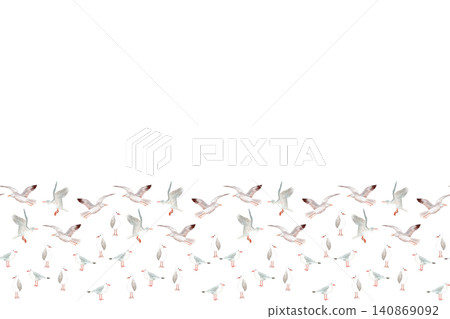 Seagulls in flight and standing poses seamless watercolor border. Coastal bird design with soft pastel tones for nursery decor, wallpaper, textiles and children's room interiors Seagulls in flight and standing poses seamless watercolor border. Coastal bird design with soft pastel tones for nursery decor, wallpaper, textiles and children's room interiors 140869092