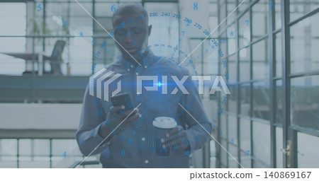 Holding man wearing shirt checking smartphone in office atrium, HUD overlay and coffee cup Holding man wearing shirt checking smartphone in office atrium, HUD overlay and coffee cup 140869167