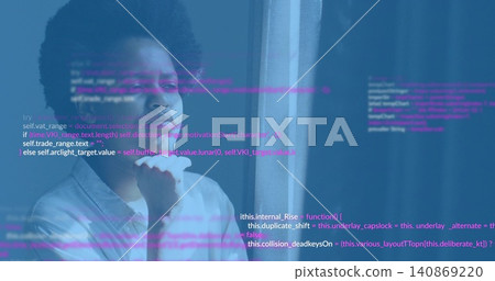 Sitting mid adult woman wearing collared shirt resting chin on hand near window, with code overlay Sitting mid adult woman wearing collared shirt resting chin on hand near window, with code overlay 140869220