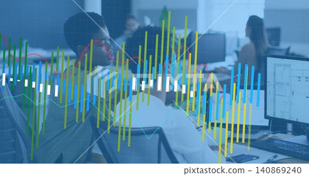 Collaborating four women in business casual at open office using monitors, phone with data overlay 140869240