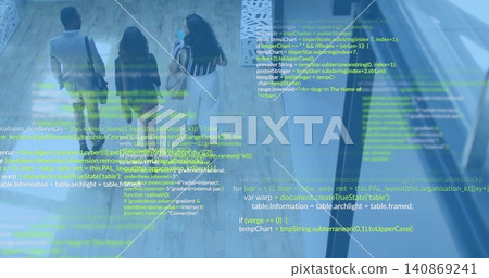 Walking three adults in light tee, striped top, mask, backpack, handbag in lobby, with code overlay Walking three adults in light tee, striped top, mask, backpack, handbag in lobby, with code overlay 140869241