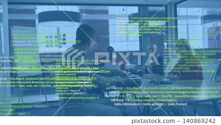 Discussing business-casual team holding meeting in glass room with laptops and code overlay Discussing business-casual team holding meeting in glass room with laptops and code overlay 140869242