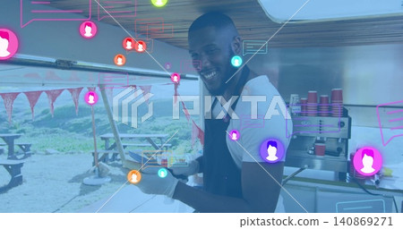 Serving barista wearing dark apron gloves making coffee at coastal picnic with red cups chat icons Serving barista wearing dark apron gloves making coffee at coastal picnic with red cups chat icons 140869271