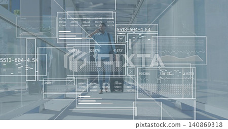 Walking man in blue shirt with bag-strap, phoning, passing glass door in office with data overlay Walking man in blue shirt with bag-strap, phoning, passing glass door in office with data overlay 140869318