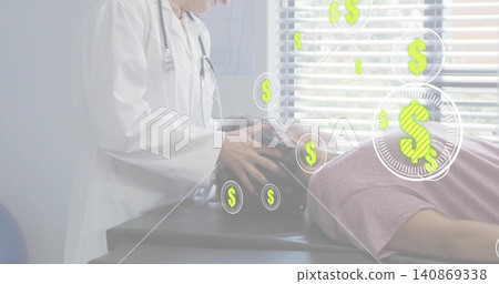 Leaning clinician examining patient on table in clinic, with lab coat, pink shirt, dollar overlays Leaning clinician examining patient on table in clinic, with lab coat, pink shirt, dollar overlays 140869338