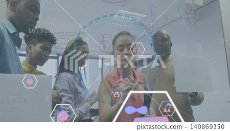 Drawing woman in coral top writing on glass board with marker in office, digital hexagon overlays Drawing woman in coral top writing on glass board with marker in office, digital hexagon overlays 140869350