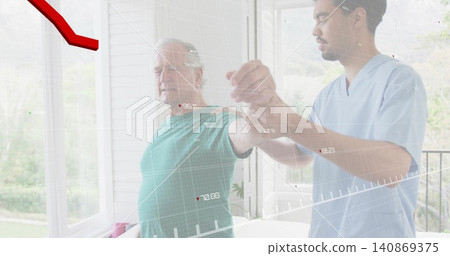 Caregiver assisting senior raising arm on porch, wearing blue scrubs and green T-shirt, overlays Caregiver assisting senior raising arm on porch, wearing blue scrubs and green T-shirt, overlays 140869375