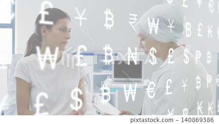 Sitting patient white tee, doc white coat surgical cap noting clipboard in clinic, currency overlay Sitting patient white tee, doc white coat surgical cap noting clipboard in clinic, currency overlay 140869386