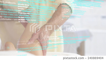 Placing man forearm and hand in short-sleeve shirt on bare thigh on bed, showing code overlay 140869404