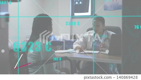 Writing clinician in white lab coat and stethoscope filling chart at clinic desk, teal overlay Writing clinician in white lab coat and stethoscope filling chart at clinic desk, teal overlay 140869428