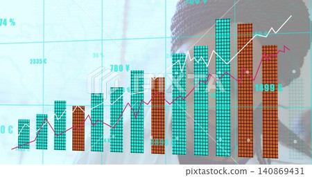Displaying finance chart on office screen, teal orange bars, white magenta lines, woman in blazer 140869431