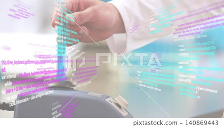 Holding right hand in white sleeve inserting blue card into reader at counter, holographic code Holding right hand in white sleeve inserting blue card into reader at counter, holographic code 140869443