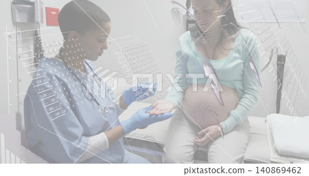 Preparing gloved clinician in scrubs drawing syringe in clinic, examining pregnant belly scope HUD Preparing gloved clinician in scrubs drawing syringe in clinic, examining pregnant belly scope HUD 140869462