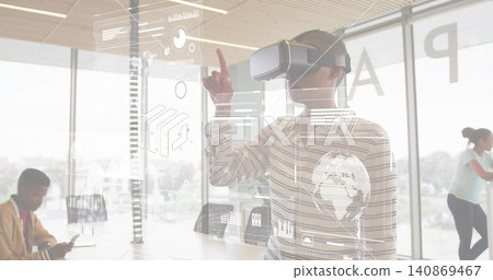 Showing woman wearing VR headset and striped shirt interacting with HUD in meeting room with tablet Showing woman wearing VR headset and striped shirt interacting with HUD in meeting room with tablet 140869467