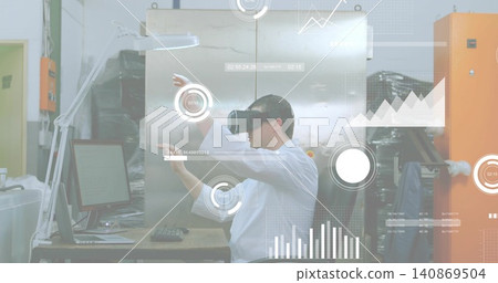 Working man in white lab coat wearing VR headset manipulating HUD controls in workshop with laptop Working man in white lab coat wearing VR headset manipulating HUD controls in workshop with laptop 140869504
