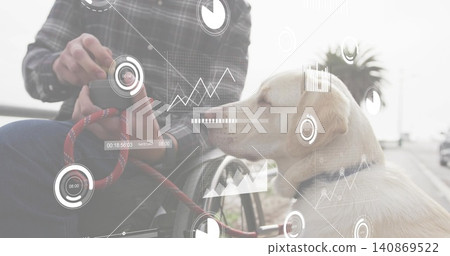 Holding red leash, wheelchair user wearing plaid shirt manipulating device on path with dog and HUD Holding red leash, wheelchair user wearing plaid shirt manipulating device on path with dog and HUD 140869522