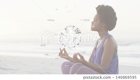Meditating woman wearing purple top and leggings on beach, projecting holographic data, copy space Meditating woman wearing purple top and leggings on beach, projecting holographic data, copy space 140869595