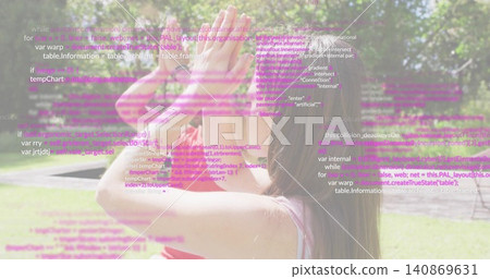 Standing couple looking up shading eyes in sunlit park, woman wearing pink tank top, code overlay Standing couple looking up shading eyes in sunlit park, woman wearing pink tank top, code overlay 140869631