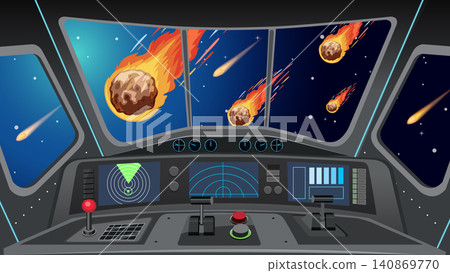 Spaceship Cockpit View of Flaming Asteroids and Comets in Outer Space Spaceship Cockpit View of Flaming Asteroids and Comets in Outer Space 140869770
