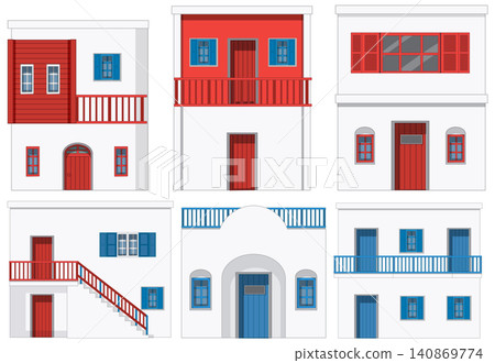 Set of Mediterranean Style White Houses with Red and Blue Accents Set of Mediterranean Style White Houses with Red and Blue Accents 140869774