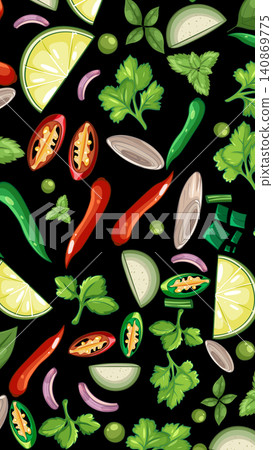 Vector Illustration of Thai Cuisine Ingredients on Black Background 140869775