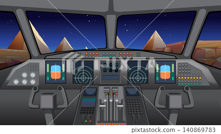 Airplane Cockpit View Flying Over Ancient Pyramids at Night Airplane Cockpit View Flying Over Ancient Pyramids at Night 140869783