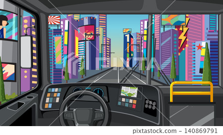 Vector Illustration of a Bus Cockpit Driving Through a Vibrant Metropolis Vector Illustration of a Bus Cockpit Driving Through a Vibrant Metropolis 140869791