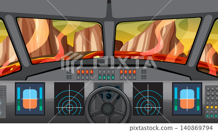 Spaceship Cockpit View Overlooking Volcanic Alien Planet Landscape Spaceship Cockpit View Overlooking Volcanic Alien Planet Landscape 140869794