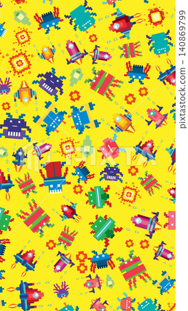 Retro Pixel Art Pattern with Colorful Alien Spacecraft and Monsters Retro Pixel Art Pattern with Colorful Alien Spacecraft and Monsters 140869799