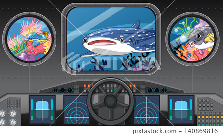 Submarine Cockpit View of Whale Shark and Coral Reef Life Submarine Cockpit View of Whale Shark and Coral Reef Life 140869816