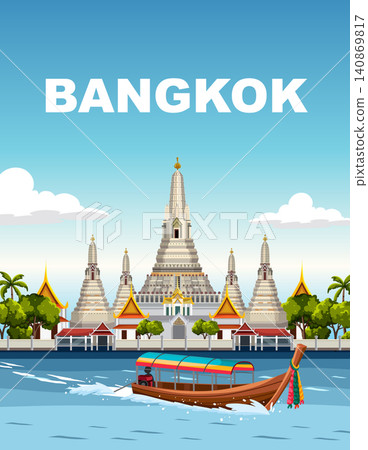 Bangkok Travel Poster with Wat Arun Temple and Long-tail Boat Bangkok Travel Poster with Wat Arun Temple and Long-tail Boat 140869817