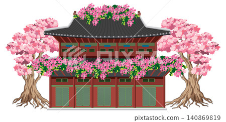 Traditional East Asian Temple Building with Pink Cherry Blossom Trees Traditional East Asian Temple Building with Pink Cherry Blossom Trees 140869819