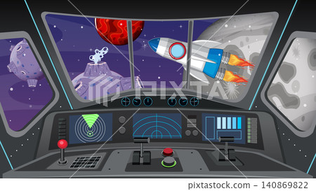 Cartoon Spaceship Cockpit View of Galaxy Planets and Rocket Ship Cartoon Spaceship Cockpit View of Galaxy Planets and Rocket Ship 140869822