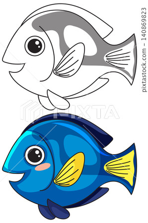 Cute Blue Tang Fish Vector Illustration with Coloring Page Version Cute Blue Tang Fish Vector Illustration with Coloring Page Version 140869823