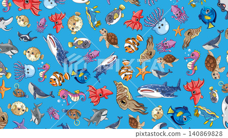 Seamless Pattern of Colorful Cartoon Ocean Animals and Sea Creatures 140869828