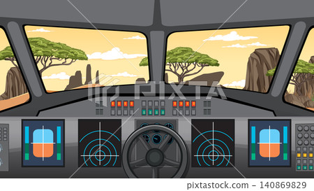 Airplane Cockpit View Flying Over African Savanna Landscape Vector Illustration Airplane Cockpit View Flying Over African Savanna Landscape Vector Illustration 140869829