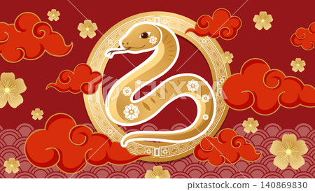 Golden Chinese Zodiac Snake Illustration with Red Clouds and Flowers Golden Chinese Zodiac Snake Illustration with Red Clouds and Flowers 140869830