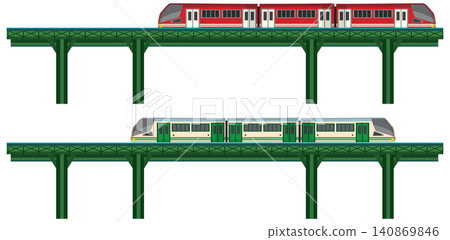 Modern Commuter Trains Traveling on Elevated Railway Tracks Vector Illustration Modern Commuter Trains Traveling on Elevated Railway Tracks Vector Illustration 140869846