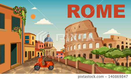 Vintage Style Travel Poster of Rome with Colosseum and Scooter 140869847
